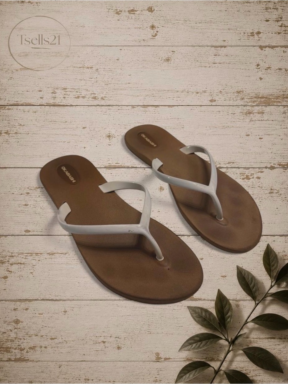 Okabashi Shoreline Toffee/White Slim Flip Flops - Size 7